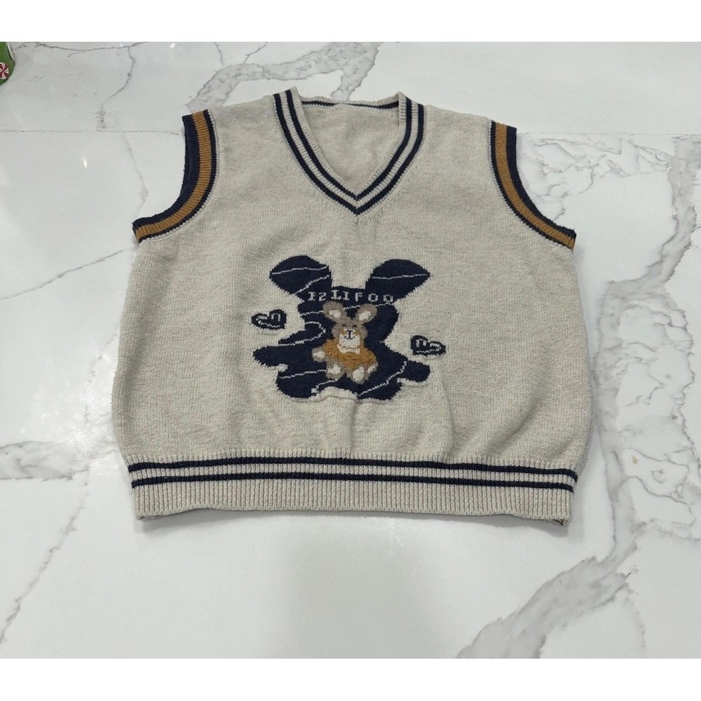 Felifoo Bunny Sweater Vest Womens Small Beige V Neck Knit‎ Preppy Rabbit Cute - Picture 7 of 7